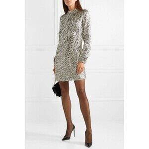 Saint Laurent Lamé Silk Leopard Print Dress Size F34 US 0 Black Cream $3500